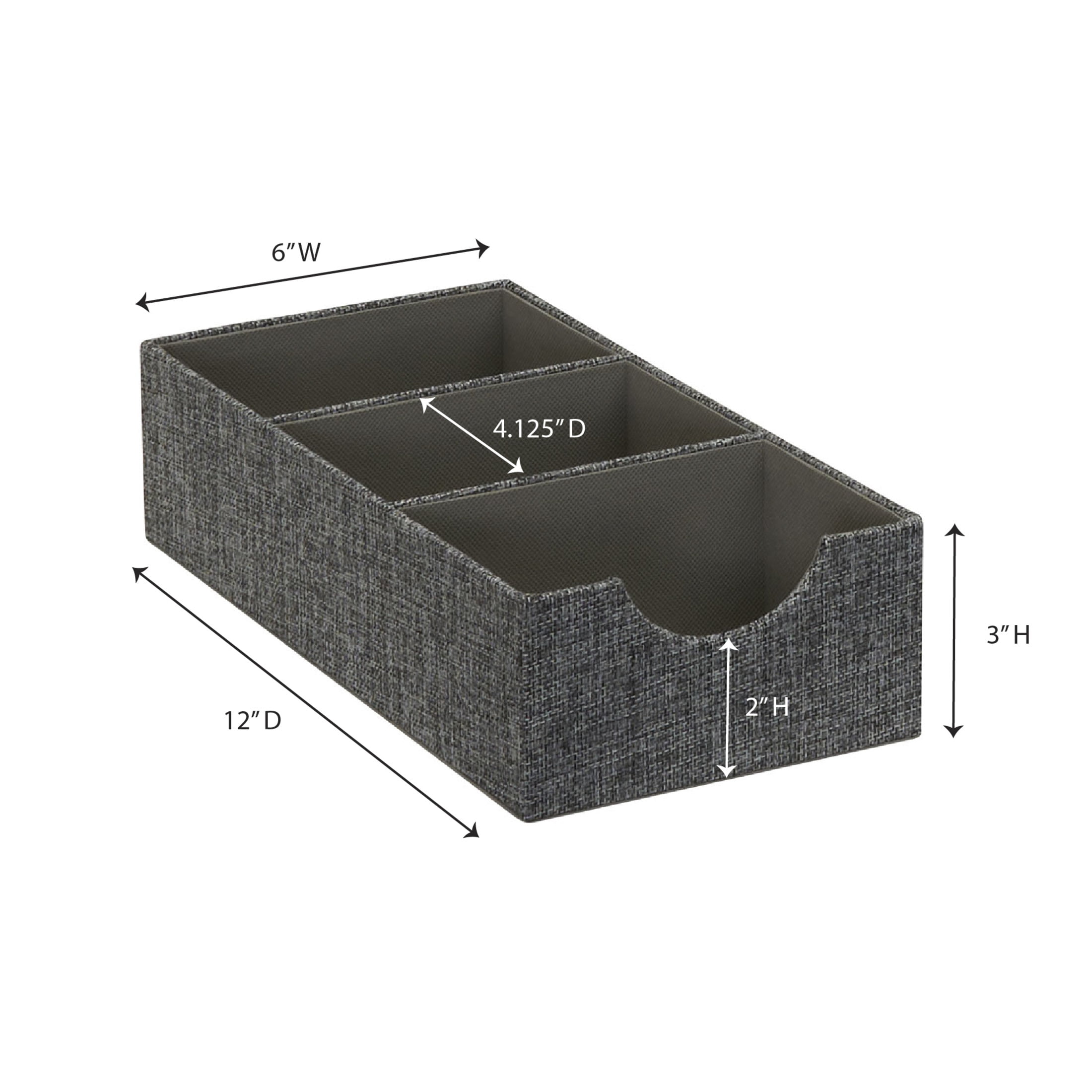 Household Essentials 3-Compartment Drawer Organizers, Pack of 2, Sturdy Chipboard Base with Soft Polyester Linen Covering, Fashionable Organization Solution, 3” H x 6” W x 12” D, Graphite Linen