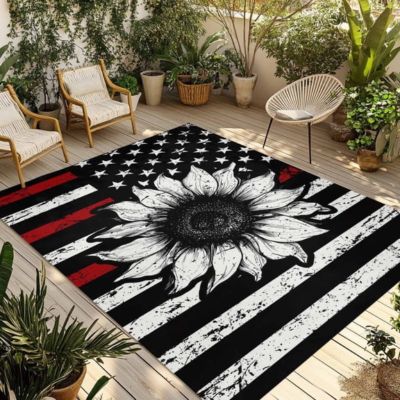 Vintage American Flag Outdoor Rug for Patio/Deck/Porch, Non-Slip Large Area Rug 5 x 8 Ft, Black Red Striped Sunflower Indoor Outdoor Rugs Washable Area Rugs, Reversible Camping Rug Carpet Runner