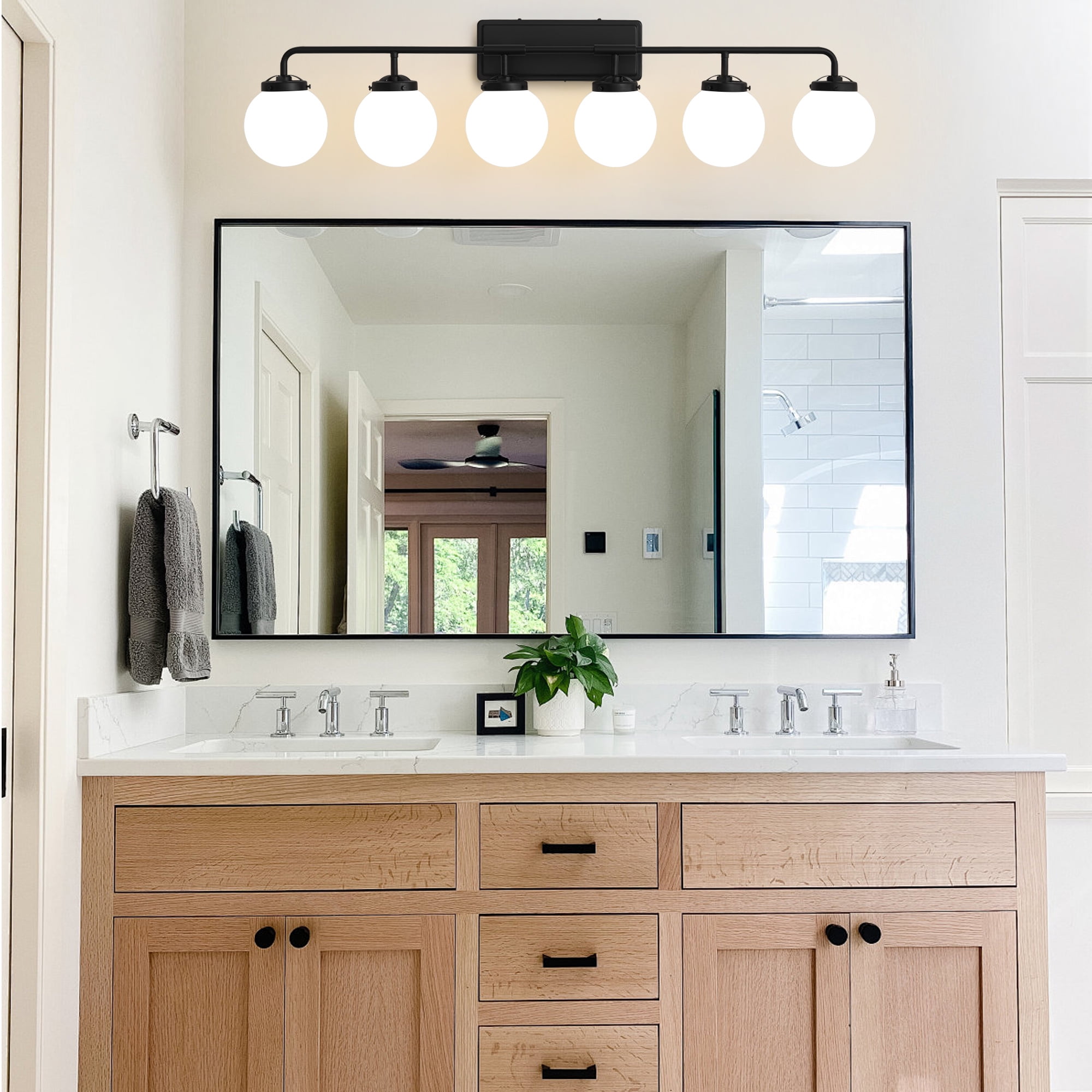 Deyidn 6-Light Modern Vanity Light, Black Bathroom Light Fixture with Milk White Glass Globes, 45 Inch Bathroom Wall Sconce for Mirror