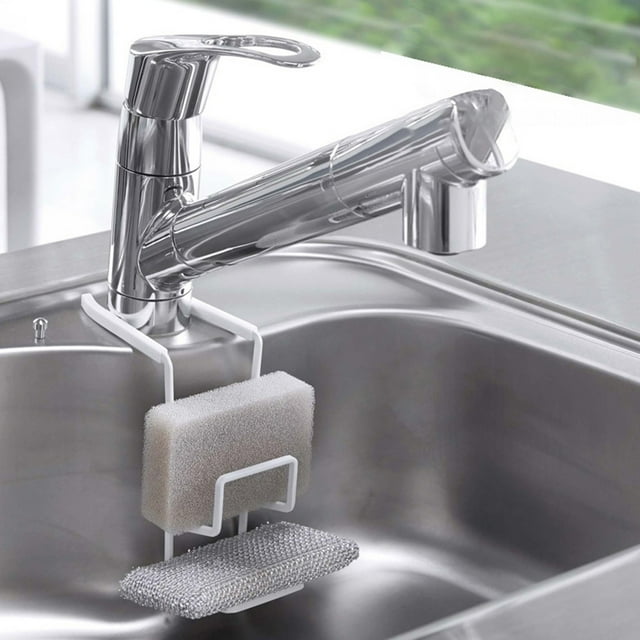 Organizador de soporte de esponja de metal inoxidable | Fregadero de hierro colgante Caddy | Estante de almacenamiento de cocina montado en grifo | Diseño Drenante, Antideslizante, Negro/Blanco
