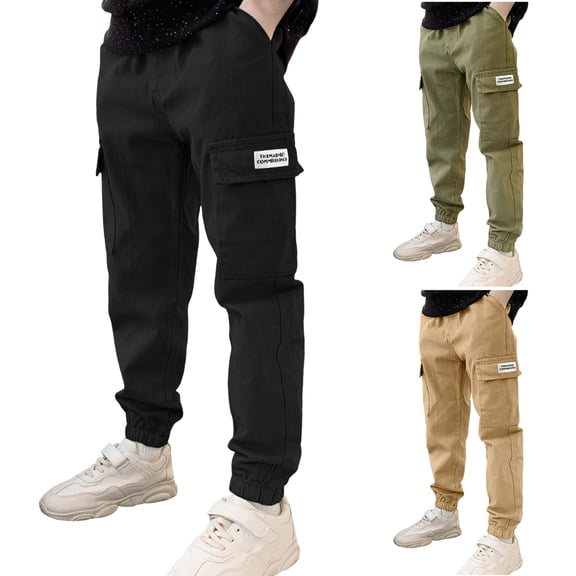 WUANDIXFA Boys Cargo Joggers Pants Elastic Waist Casual Jogging Trousers Bottom for Kids (Black, 9-10 Years)