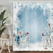 Newhomestyle Christmas Shower Curtain, Christmas Greeting with Snowman Near Fence and Bullfinches on Branches of Tree Winter Holiday Shower Curtain for Bathroom Decor 72 x 72 inches
