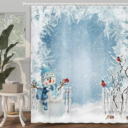 Newhomestyle Christmas Shower Curtain, Christmas Greeting with Snowman Near Fence and Bullfinches on Branches of Tree Winter Holiday Shower Curtain for Bathroom Decor 72 x 72 inches