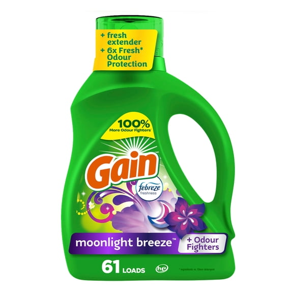 Détergent à lessive liquide Gain, parfum Brise nocturne, 61 brassées, fraîcheur + élimination des odeurs, savon nettoyant liquide haute efficacité pour laveuse