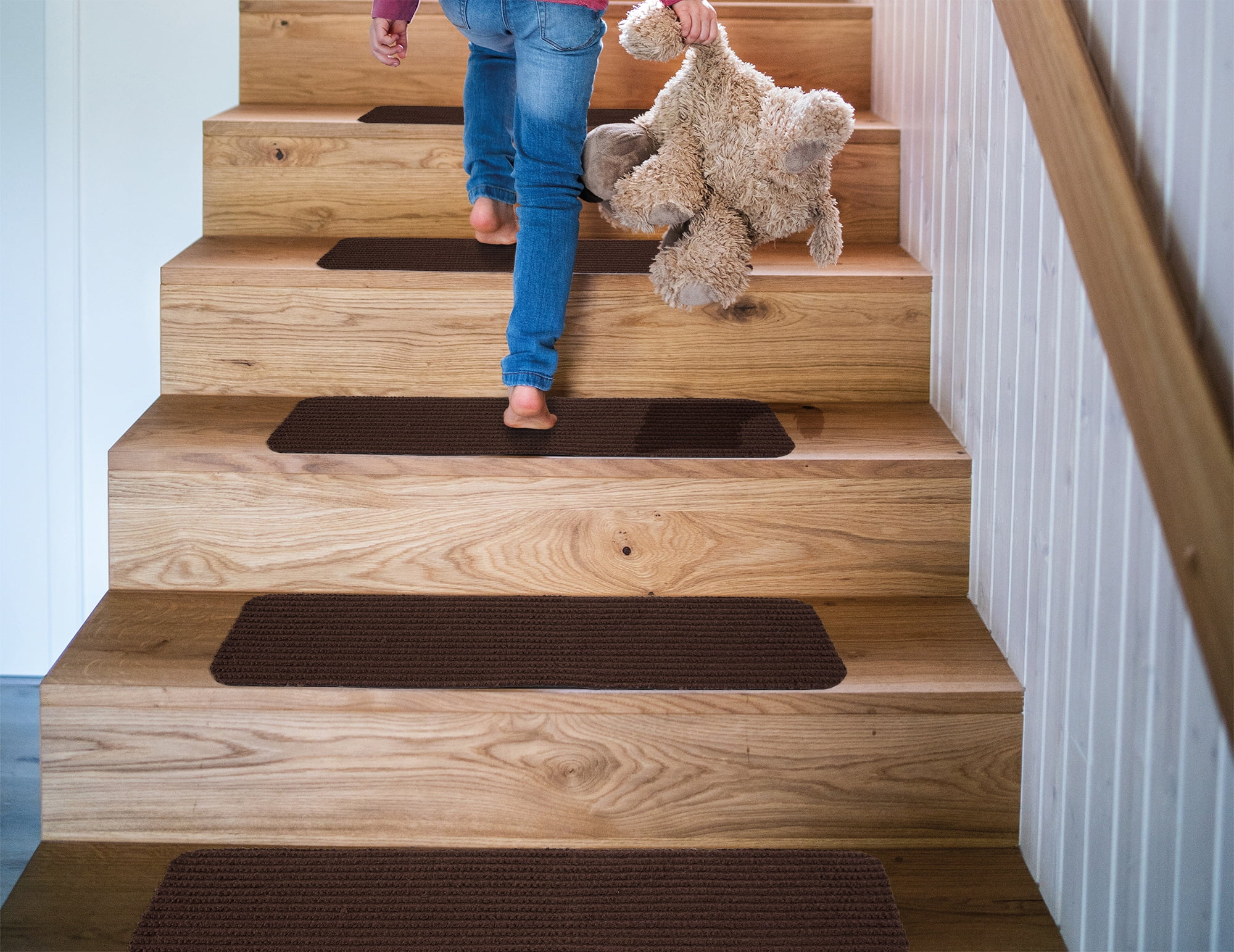 Ottomanson Scrabe Rib Waterproof Non-Slip Rubberback Solid 8" x 30" Indoor/Outdoor Stair Treads, 7 Pack, Brown