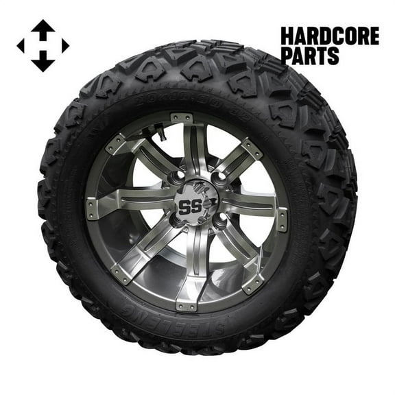Hardcore Parts 12" Machined/Gunmetal 'Tempest' Golf Cart Wheels and 20″x10″-12″ DOT rated All-Terrain tires - Set of 4, includes Chrome 'SS' center caps and 1/2x20 Chrome lug nuts