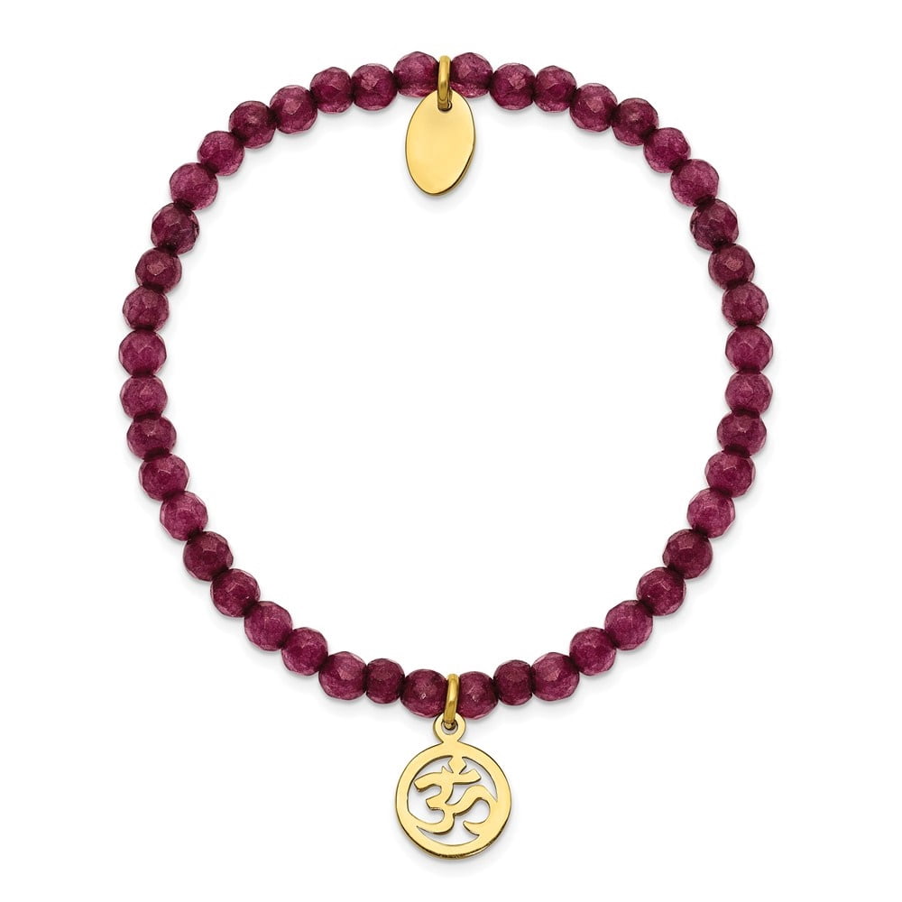 Diamond2Deal Stainless Steel Polished Yellow IP-Plated OHM 4mm Purple Jade Beaded Stretch Bracelet for Women 6.5"