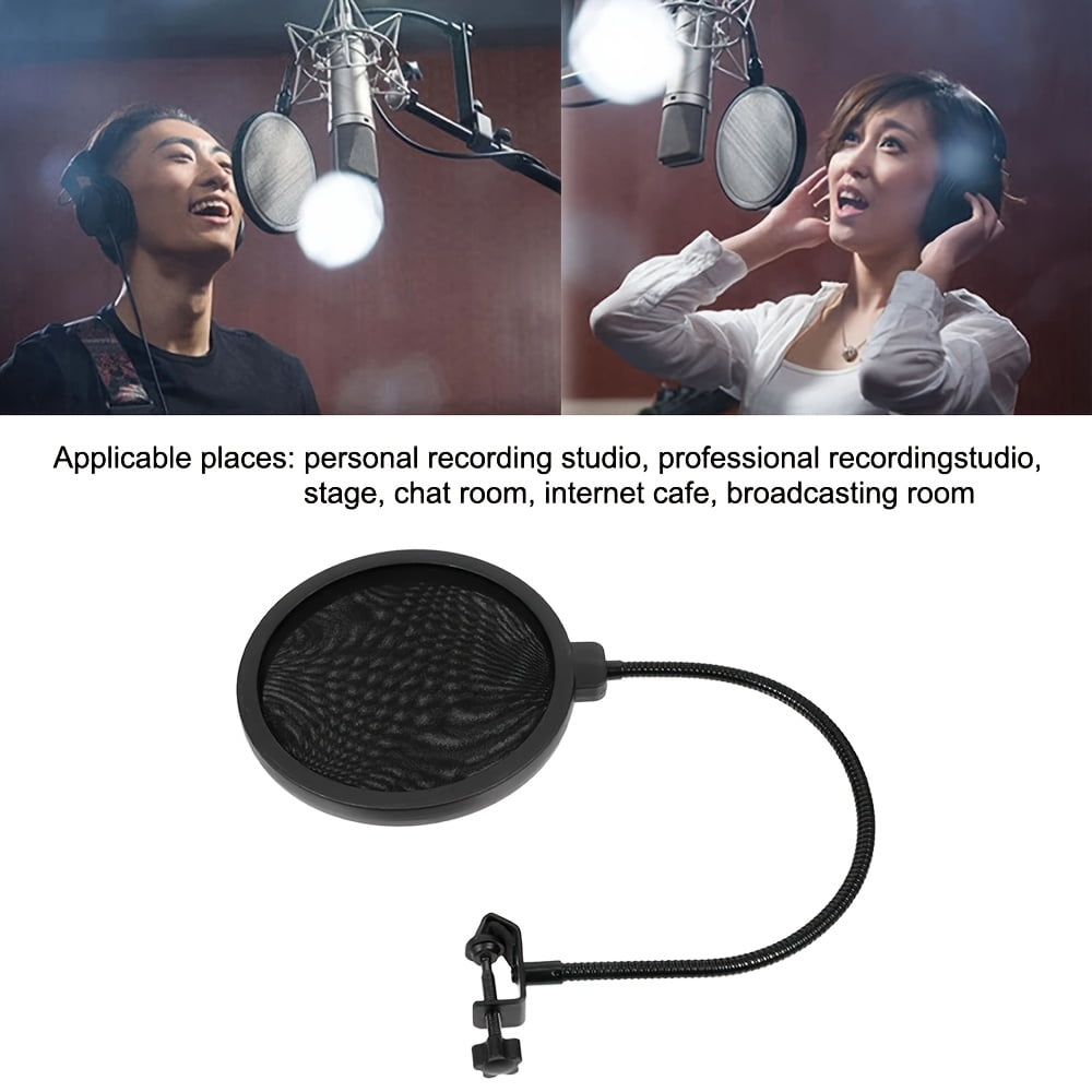 Black Pop Filter with Double-Layer Mesh, 360° Adjustable Gooseneck Arm for Streaming, Recording, Karaoke & Broadcasting