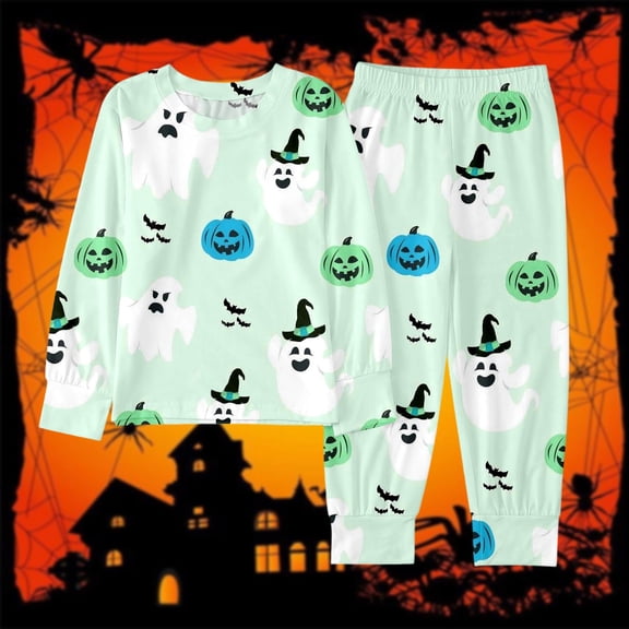 Ulitacool Boys Halloween Outfits 7 Years Long Sleeve O Neck Tops Trousers Nightwear Cartoon Graphic 2 Pieces Pajamas Set Durable Little Boys Fall Clothes Mint Green