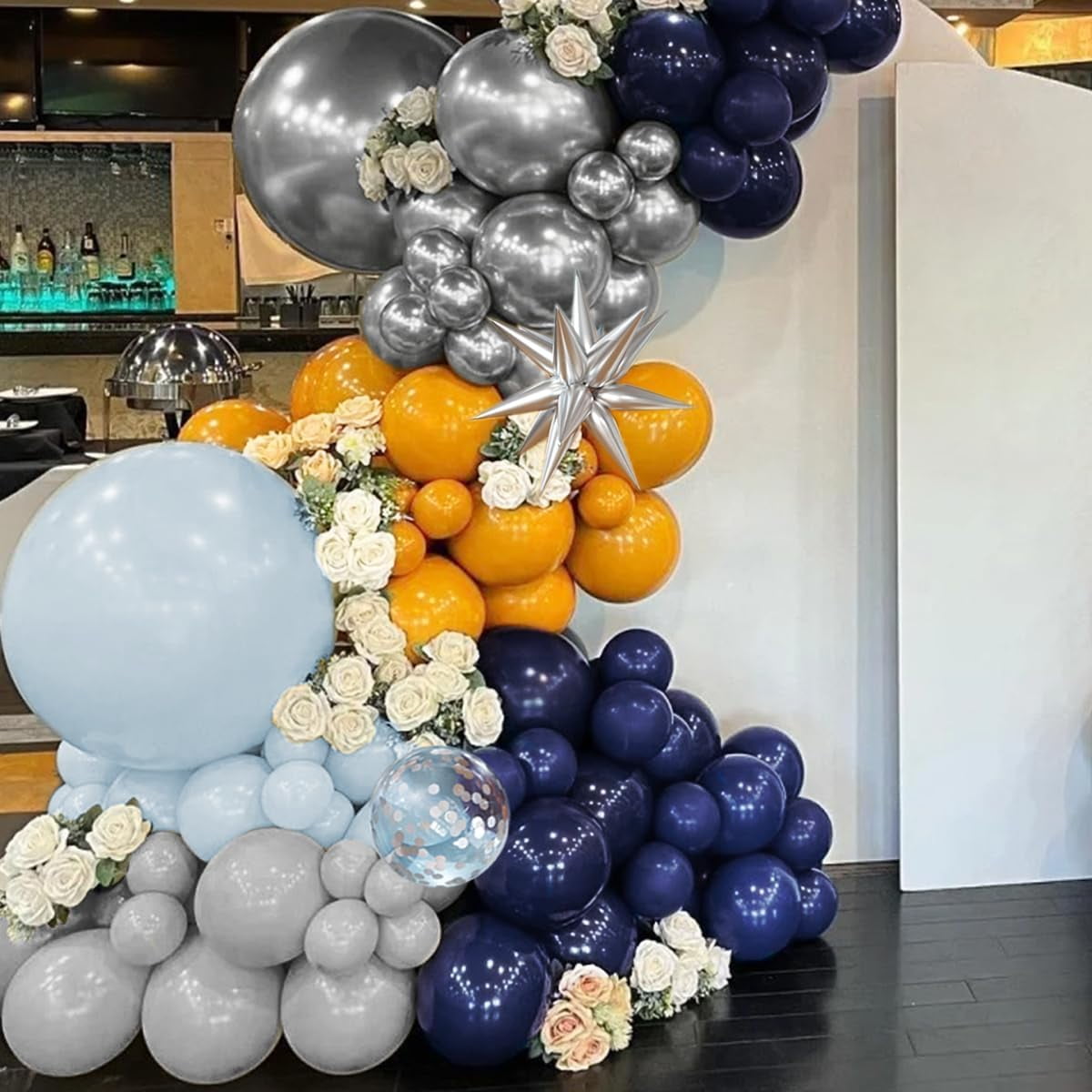 Blue Yellow Gray Balloon Garland Arch Kit, 156Pcs Pastel Navy Blue Dusty Grey Lemon Yellow Metallic Silver Balloons with Exploding Star for Baby Shower Wedding Birthday Lemonade Honeybee Party