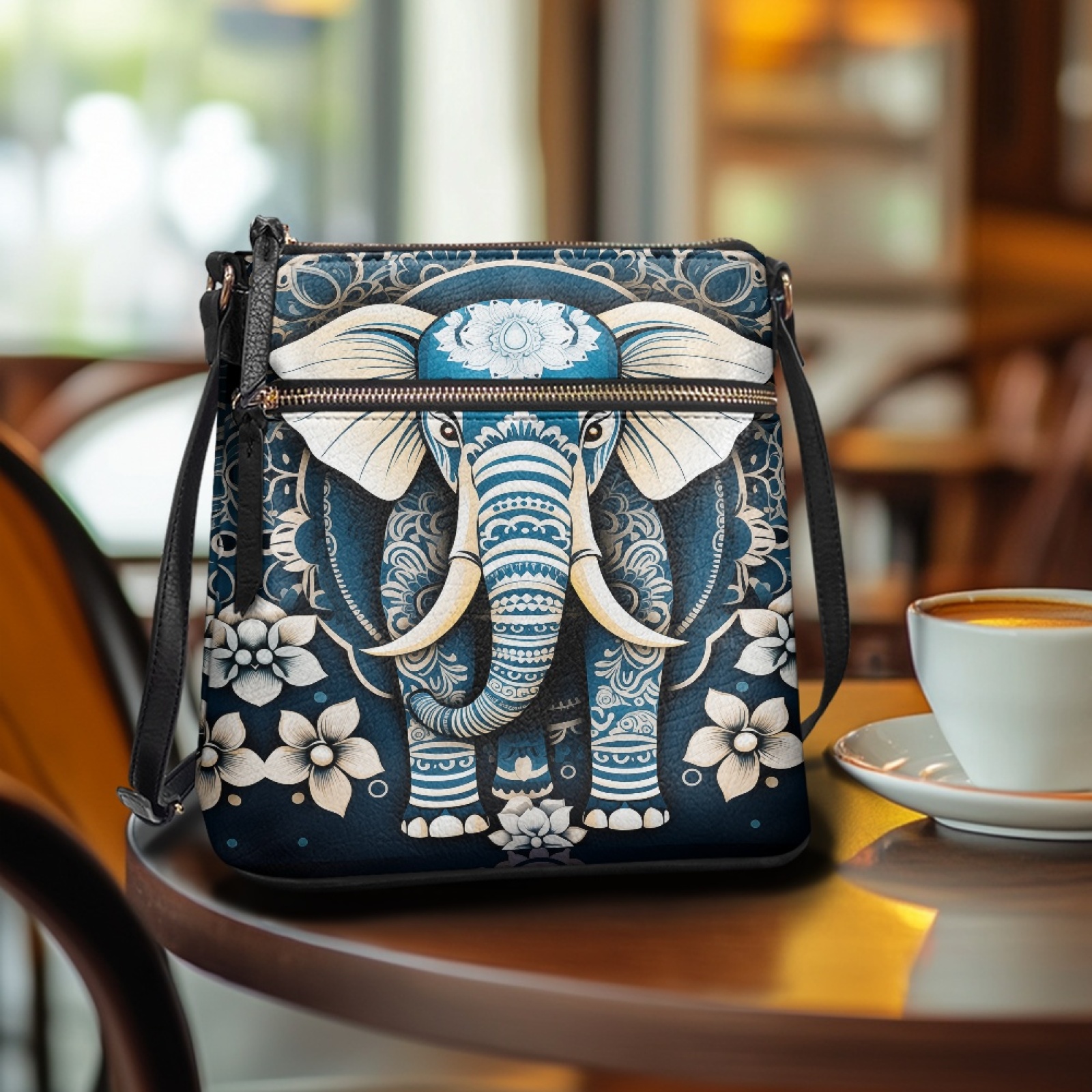 LedBack Elephant Print Leather Shoulder Purse for Women Crossbody, Zipper Hobo Bag Messenger Purse Medium Size Satchel Purse with Adjustable Strap, Blue