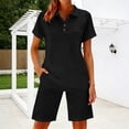 thumbnail image 2 of Arlun 2 Piece Short Sets for Women Summer V-Neck Button up Short Sleeve Polo Shirts Matching Straight Leg Shorts with Pocket Casual Workout and Daily Wear Two Piece Fashion Outfit Black S, 2 of 5