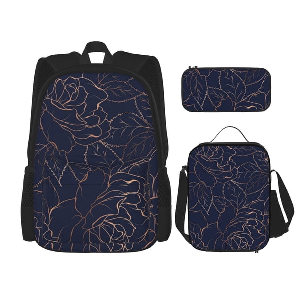 Easygdp Navy Dark Blue Mochila para Niños y Niñas con Set de Caja de Almuerzo y Estuche para Lápices 3 en 1, Mochila Escolar Estampada para Adolescentes