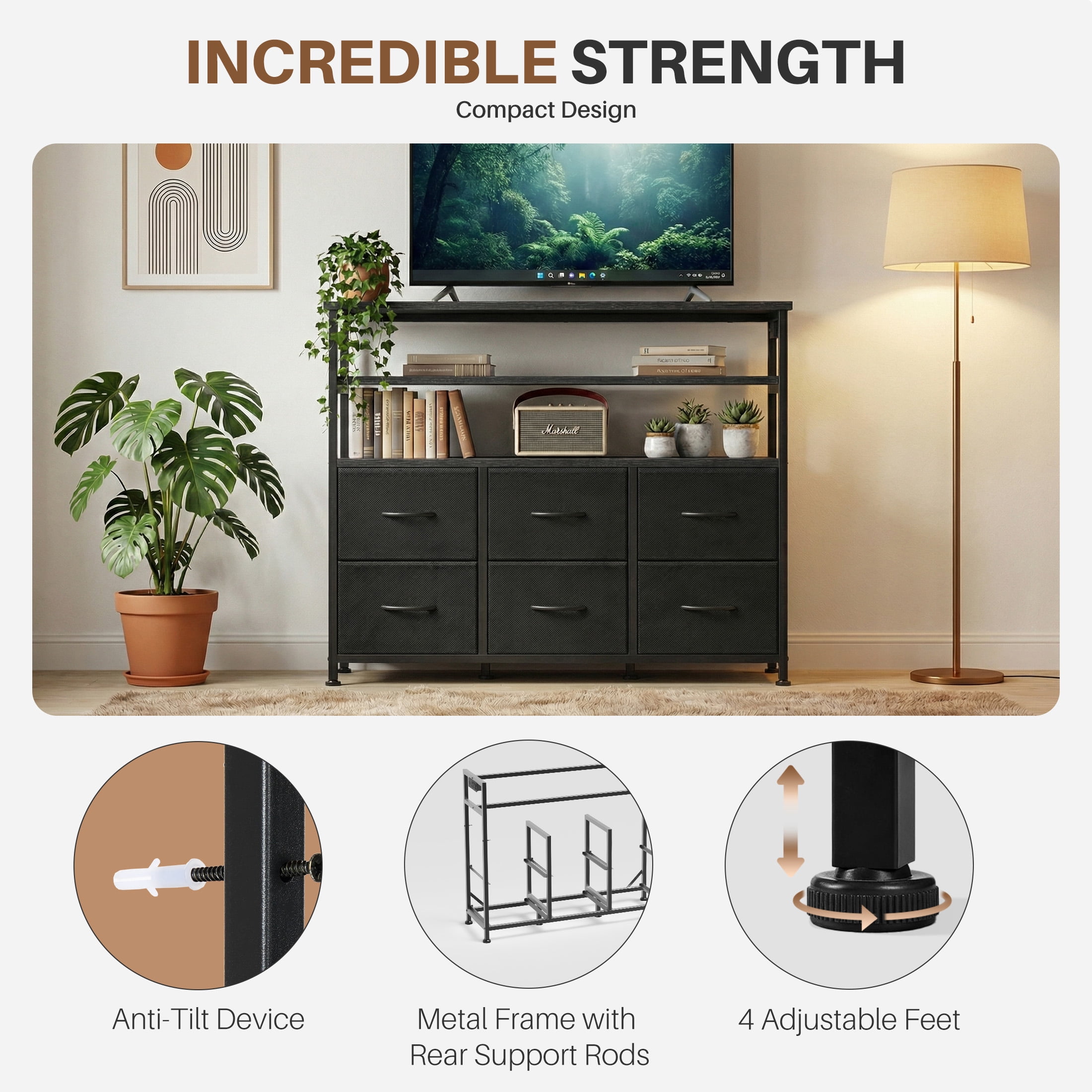 EDX 6-Drawer Fabric Dresser with Power Outlets and LED Light, TV stand for Bedroom, Living Room, Hallway, Black