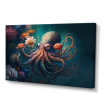 Designart Octopus In The Ocean With Flowers III Canvas Wall Art