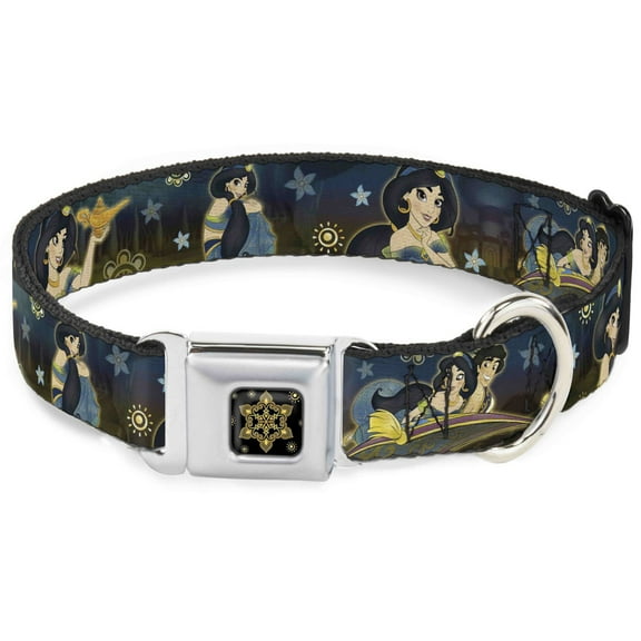 Disney Pet Collar, Dog Collar Metal Seatbelt Buckle, Jasmine Aladdin Carpet Ride Jasmine Poses Flowers, 13 to 17 Inches 1.5 Inch Wide