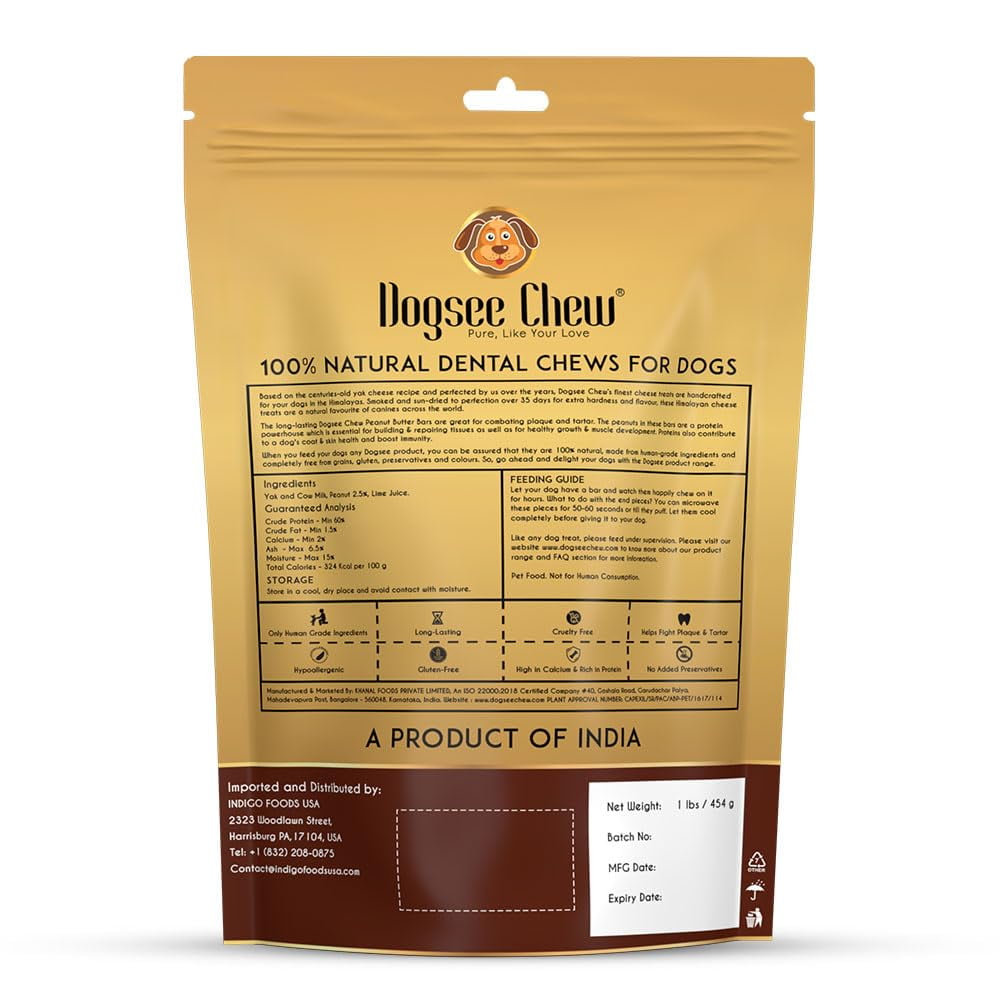 Dogsee Himalayan Yak Cheese Chews with Peanut Butter 1lb (Large - 4 Chews) | Support Muscle Growth in Dogs | Fight Plaque & Tartar | Long Lasting Dental Dog Chews