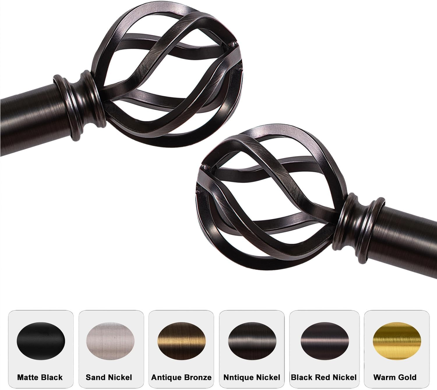 AllWays Plaza Nickel Curtain Rods 18 to 88 Inches, 1 Inch Modern Drapery Rods, Adjustable Heavy Duty Curtain Rod, with Twisted Cage Finial for Home & Office (18"-88"Antique Nickel)