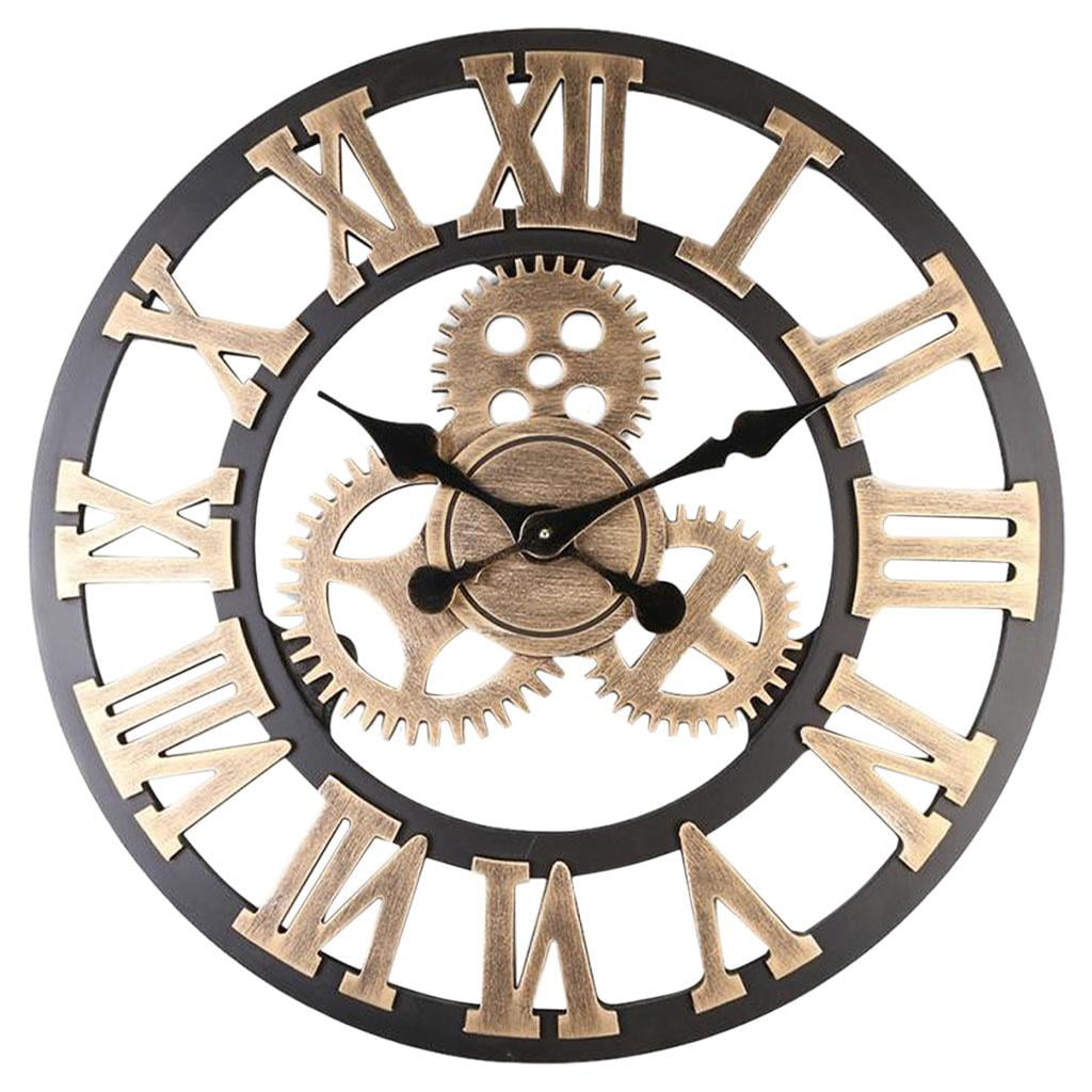 3D Gear Wooden Wall Clock Industrial Retro style Roman Numerals Silent Sweep New 
