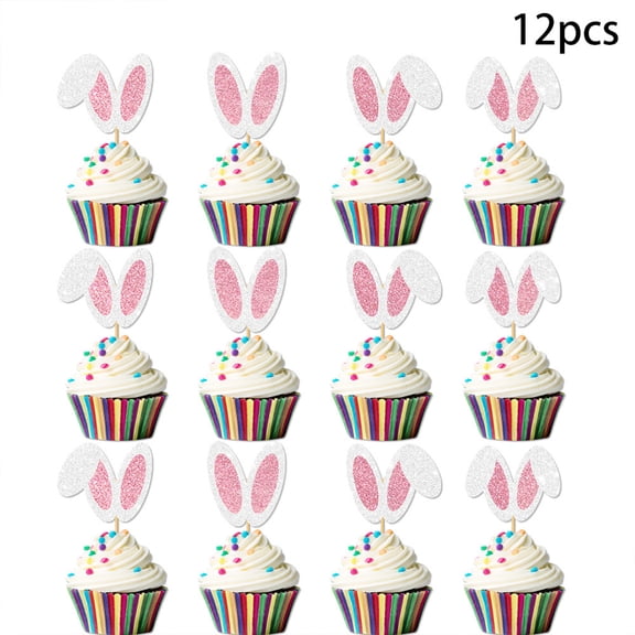 KOYPTL 12Pack Easter Bunny Ear Cupcake Toppers,Glitter Pink Rabbit Ears Cupcake Picks Rabbit Cake Baked Goods Toppers for Spring Easter Birthday Baby Shower Party Decorations Supplies