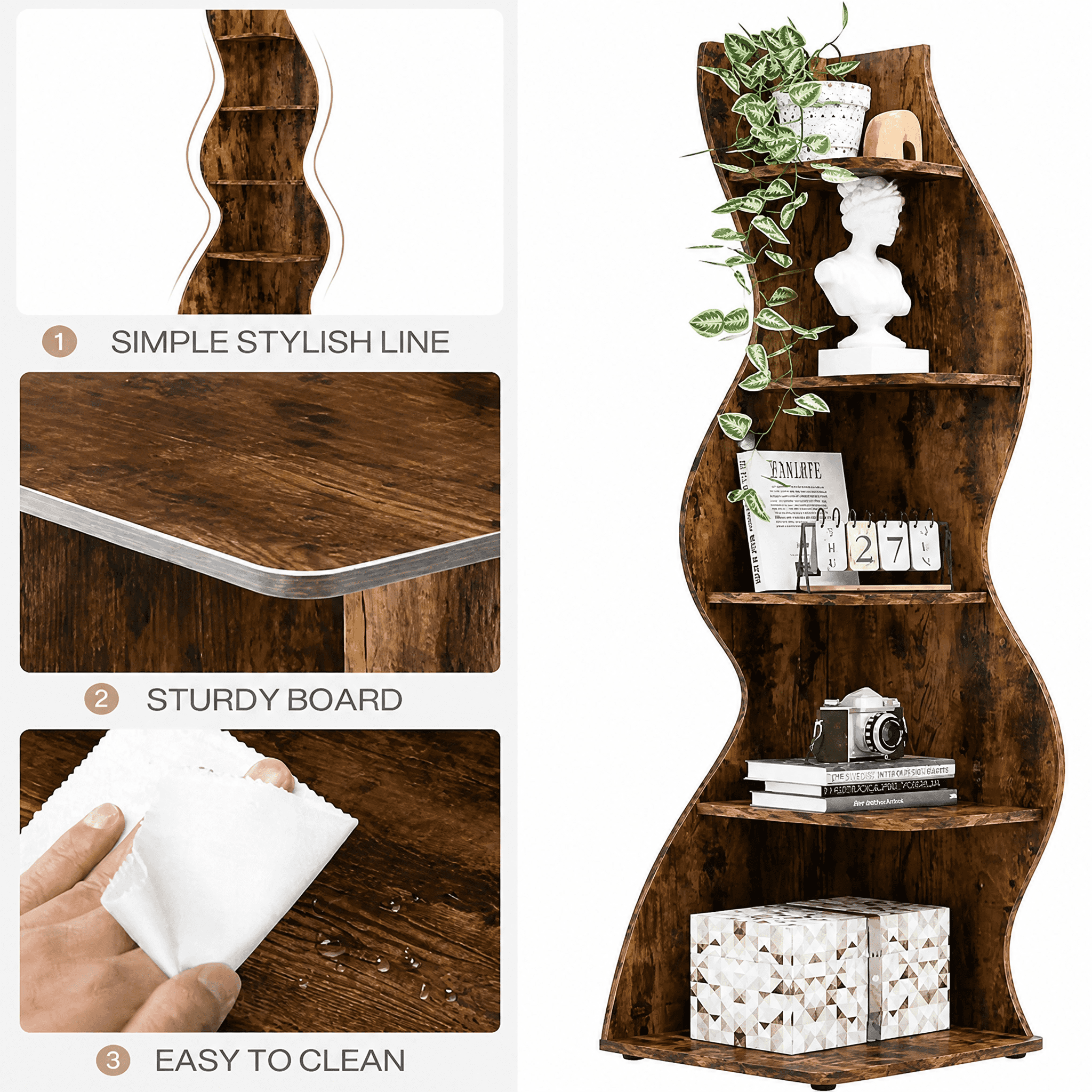 5-Tier Vintage Shelving Unit Brown with Sea Grass Design, Adjustable Shelves, High-Quality Board, for Home/Office Organization