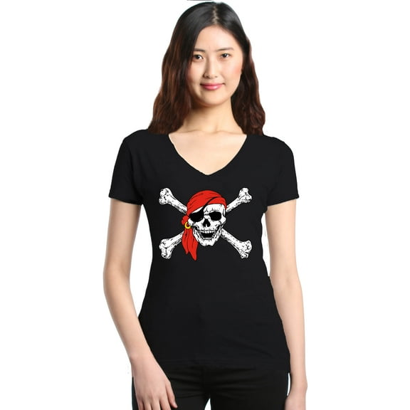 Shop4Ever Women's Skull and Crossbones Pirate Flag Slim Fit V-Neck T-Shirt Small Black