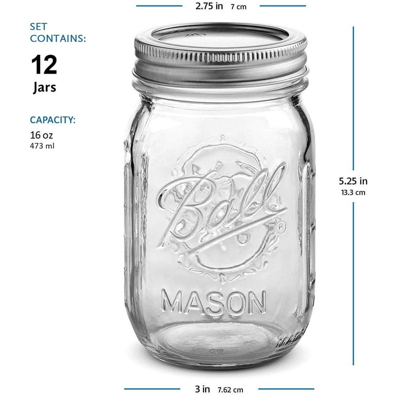  Regular Mouth Mason Jars 16 oz - (4 Pack) - Ball Regular Mouth Pint  16-Ounces Mason Jars With Airtight lids and Bands - For Canning,  Fermenting, Pickling, Freezing, Storage + M.E.M