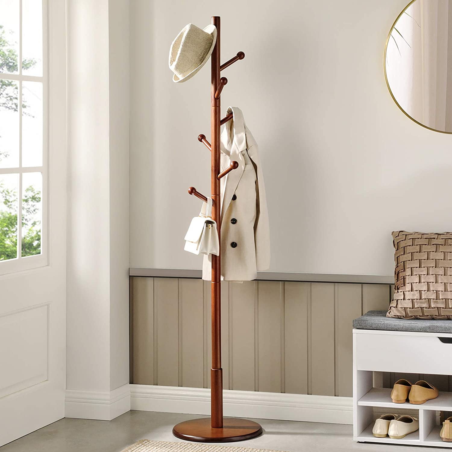 VASAGLE Coat Rack with 7 Rounded Hooks, Hall Tree, Coat Stand Dark