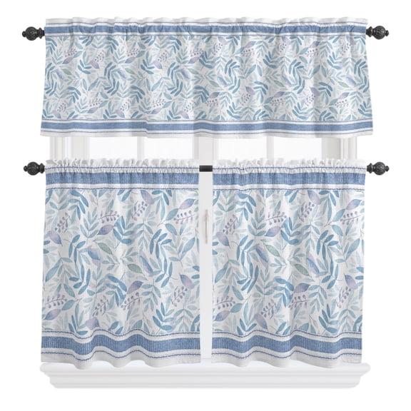 3 Pieces Kitchen Curtains and Valances Set Tier Curtains Blue Leaves Short Curtain Rod Pocket Window Curtain Panels Woven Linen Stripes (Single Panel 54"x18",2 Tiers 24"x36")