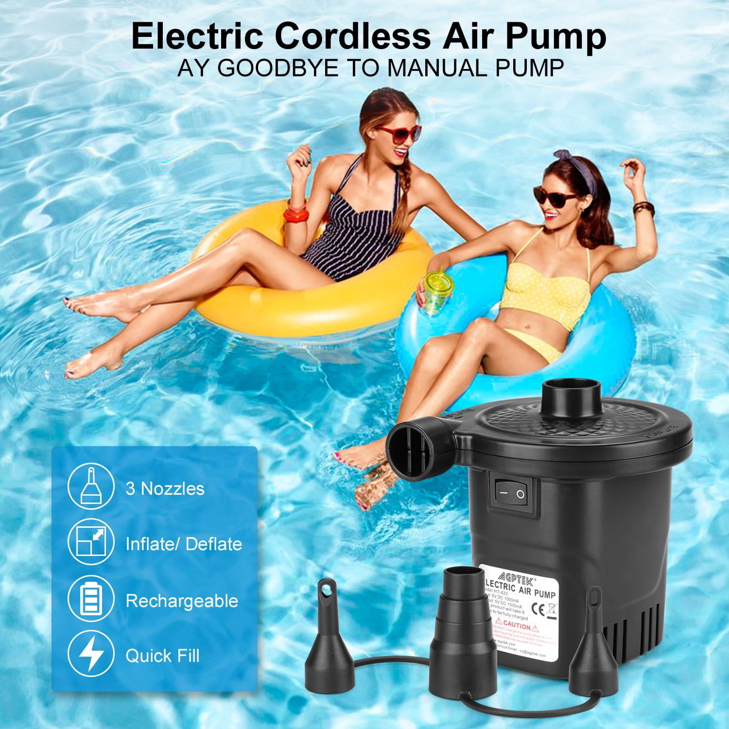 Electric Air Pump Quick-Fill Inflator & Deflator with 3 Nozzles, Lightweight & Portable Rechargeable Air Pump Perfect for Air Beds, Air Mattresses, Pool Toys & Inflatable