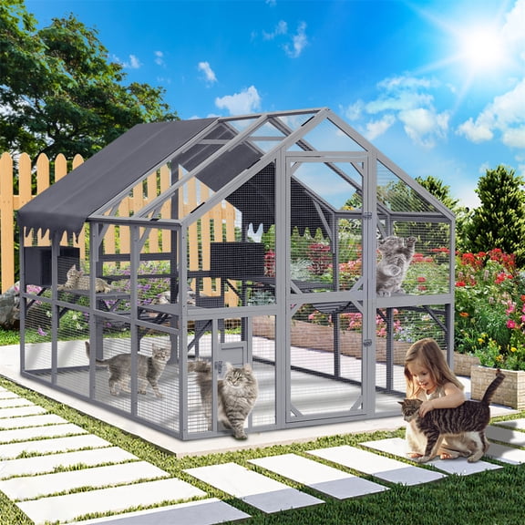 HighSound Catio Outdoor Cat Enclosure, Large Cat House for Multiple Cats with 7 Platforms, 2 Resting Box and 2 Bridges, Wooden Cat House Cage with Waterproof and UV Proof Cover, 111"L, Grey