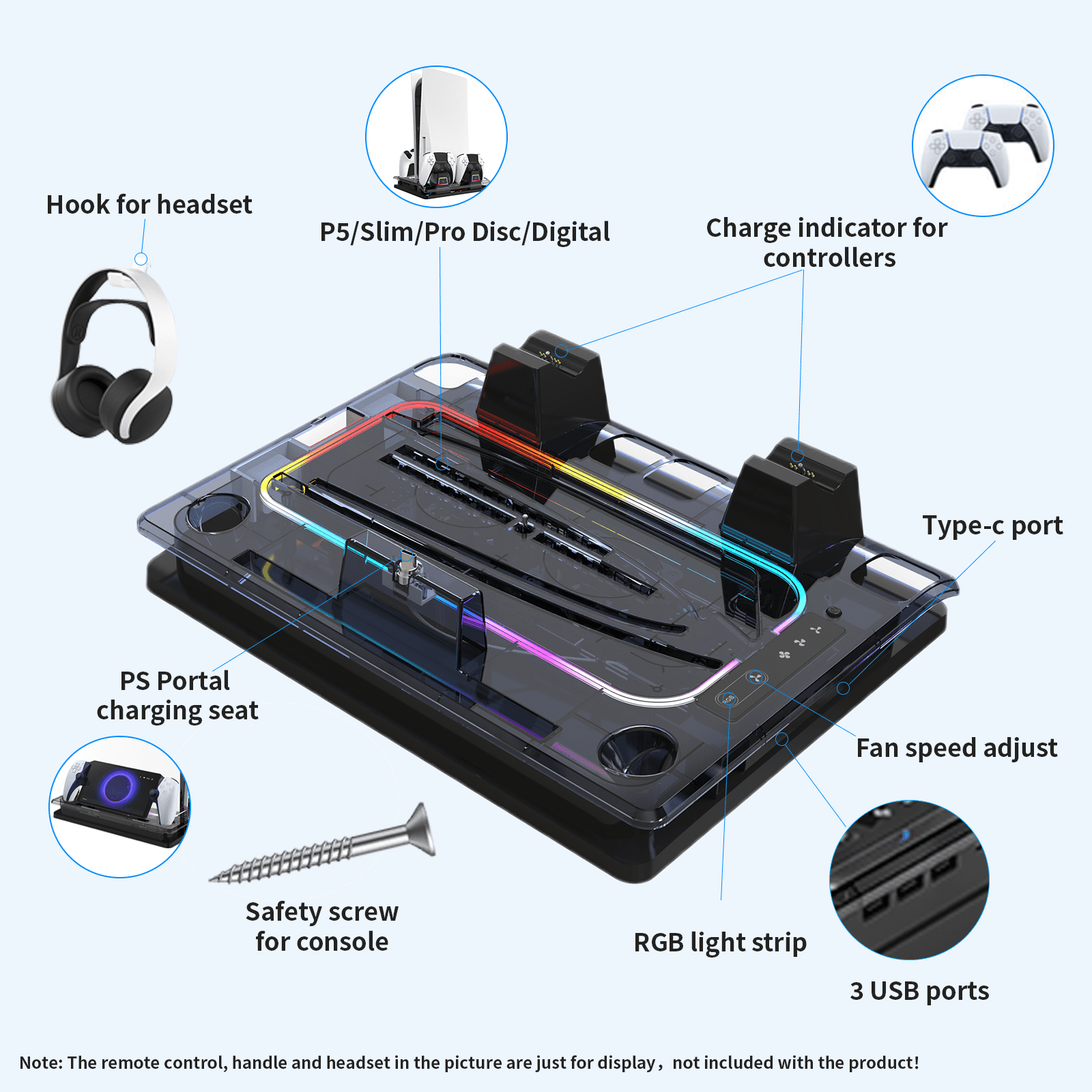 PS5 Cooling Station Fan, PlayStation Portal Charger for PS5 Stand and Cooling Station ,with RGB LED Controller Charging Dock Accessories, for PS5 Edge Controller and PS Portal Charger, Headset