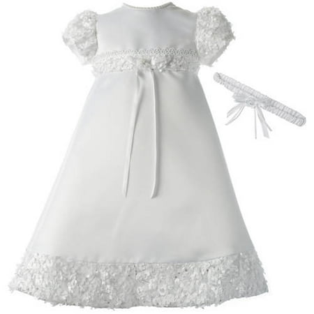 Floral Outfit Girl - Christening Baptism Newborn Baby Girl Special Occasion Satin Dress Gown Outfit With Floral Soutache Trim