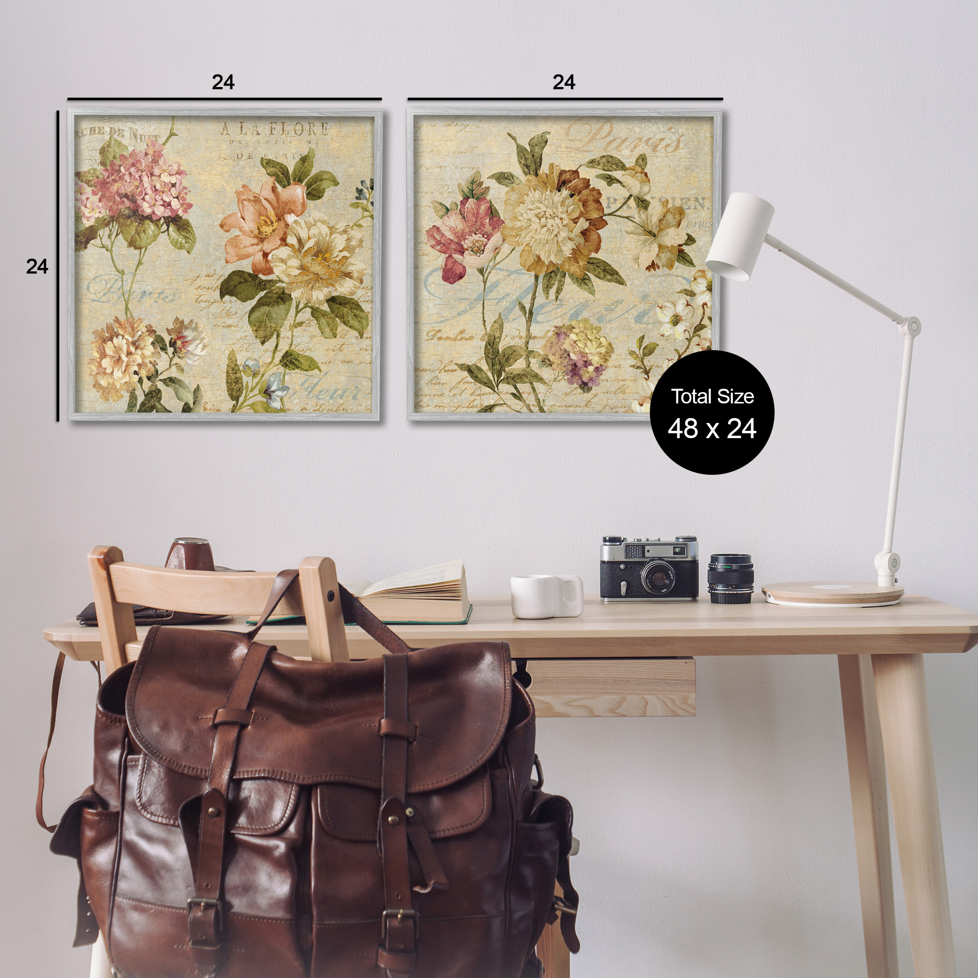 Stupell Industries Vintage French Floral with Script Botanical & Floral Painting Gray Framed Art Print Wall Art, 24 x 24, Set of 2