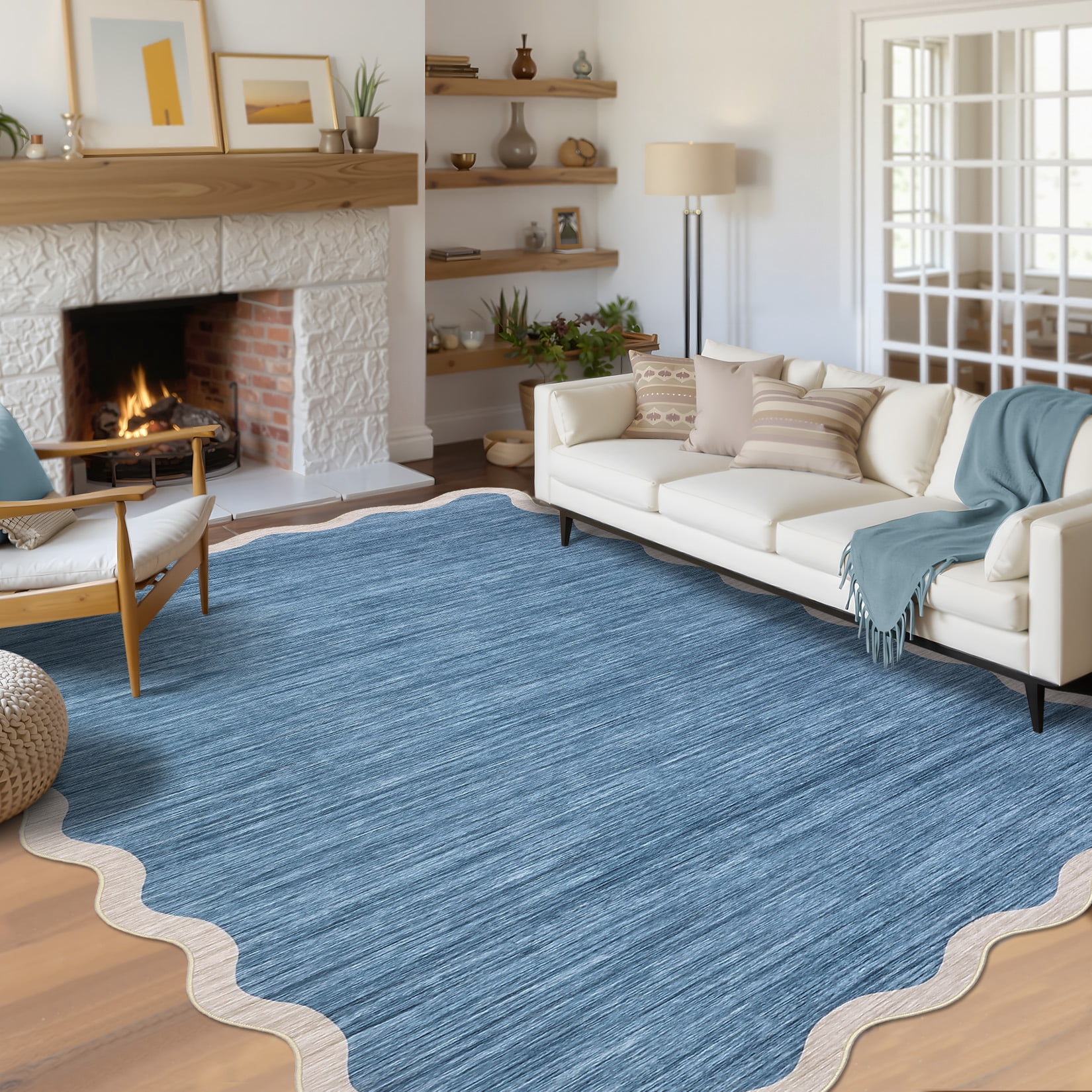 Garvee 10'x13' Modern Scalloped Rug Washable Rug with Non Slip Backing, Neutral Farmhouse Soft Low Pile Carpet for Living Room Bedroom Home Office, Blue