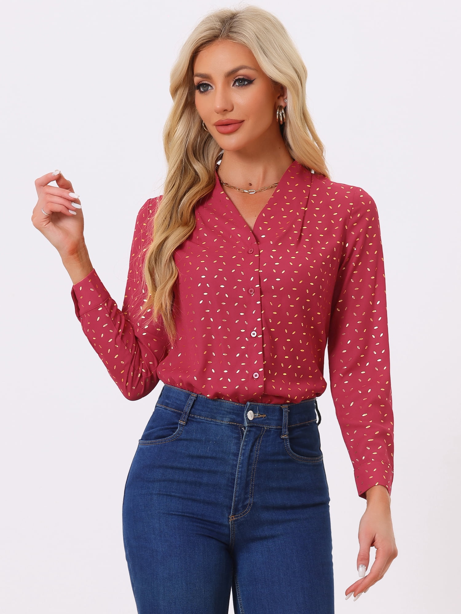 DARING DIVA Stand Collar Metallic Dots Stars Blouse Top S Red-Leaf