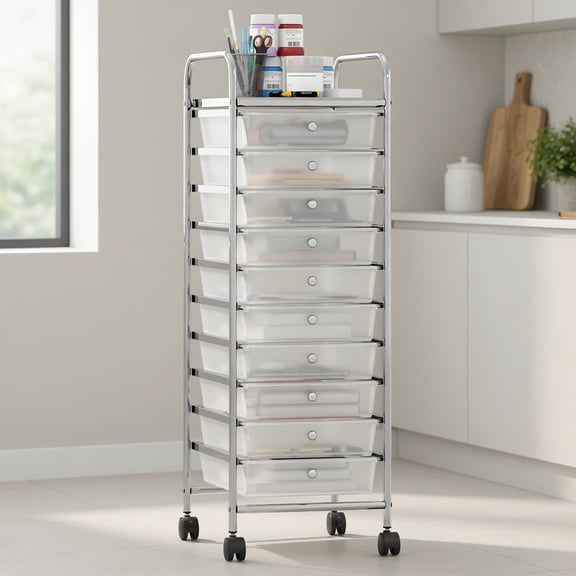 Demi Bonn 10-Drawer Rolling Storage Cart, Metal Frame, Lockable Universal Wheels, Top Shelf, Round Knobs, White