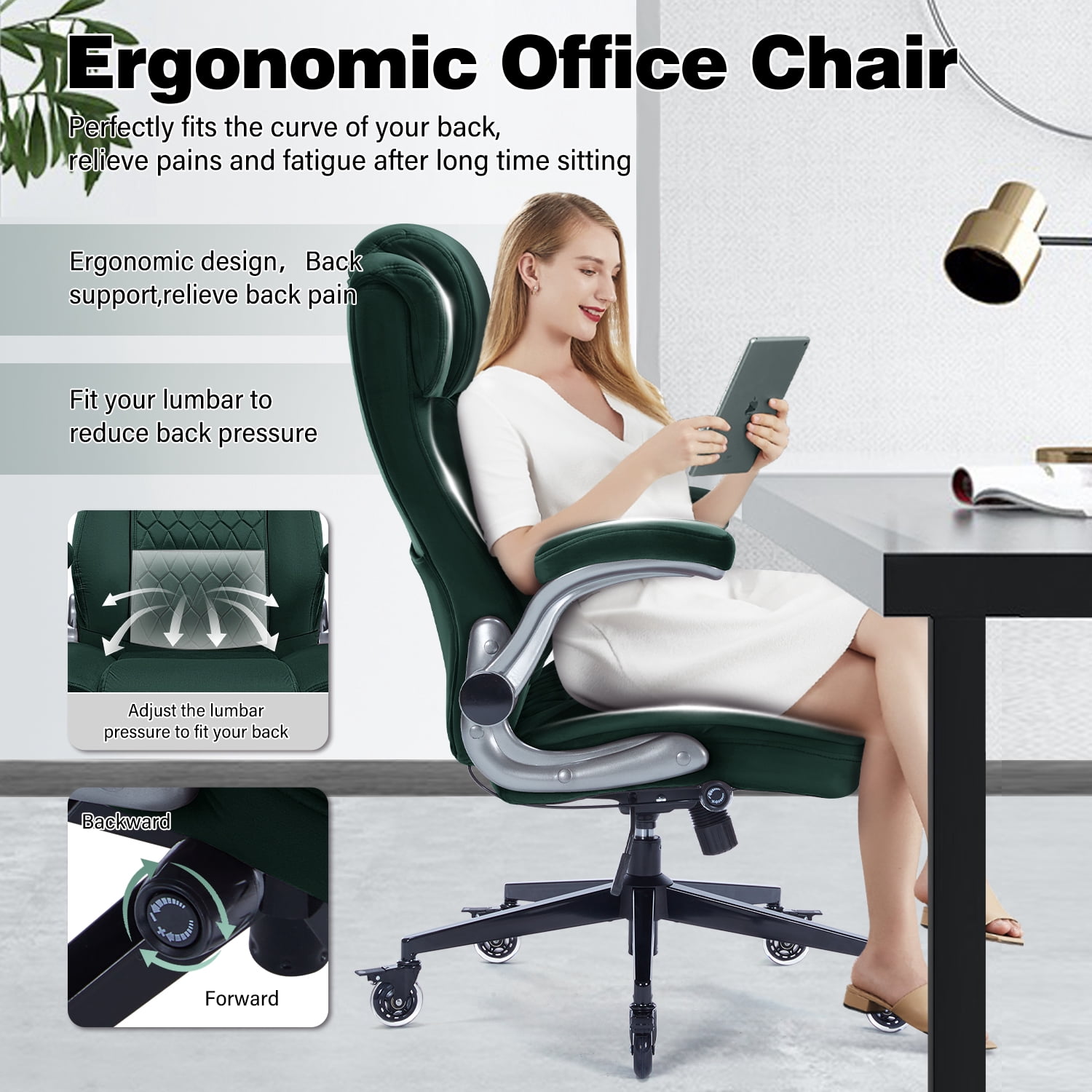 High Back Office Chair with Lockable Wheels, 400lbs Large Fabric Executive Desk Chair, Adjustable Lumbar Support Flip up Arms, Ergonomic Home Office Computer Chair with Storage Pocket, Green