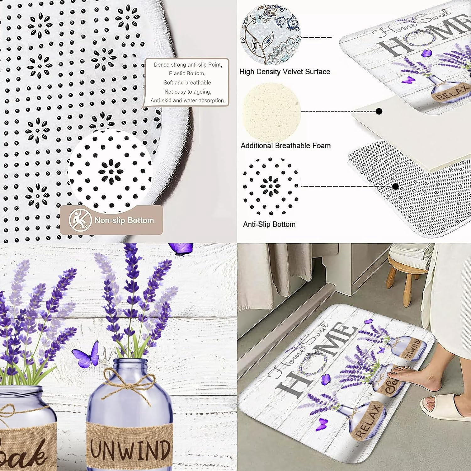 4 PCS Purple Lavender Shower Curtain Sets Home Sweet Bathroom Set with Shower Curtain and Rugs and Accessories Farmhouse Country Shower Curtain Bathroom Decor with 12 Hooks 72 X 72 Inch