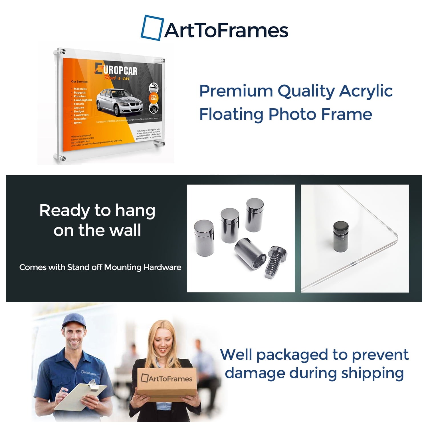 ArtToFrames Floating Acrylic Frame for Photos Up to 18x22 inches (Full Frame is 22x26) with Black Acrylic Standoff Hardware