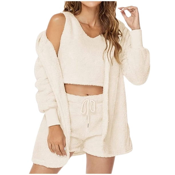 Conjunto de pijama de 3 piezas para mujer: abrigo con capucha de franela, chaleco y pantalones cortos, ropa de dormir suave y cálida, tallas S-XXXL, ropa de estar por casa para invierno