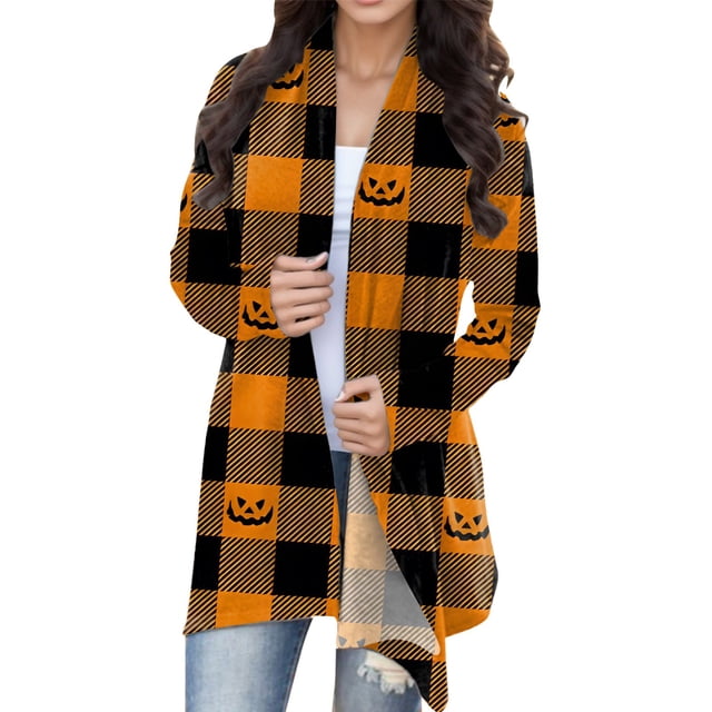 HBFAGFB Lightweight Cardigans for Women Simple Long Sleeve Plaid Jacket Versatile Long Coat Yellow Size M