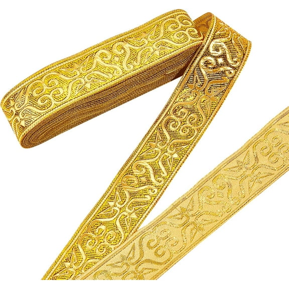 7.7 Yards Gold Jacquard Ribbon Trim 1-1/4 Inch Wide Boho Woven Trim Ethnic Floral Ribbon Embroidery Polyester Flat Ribbon for DIY