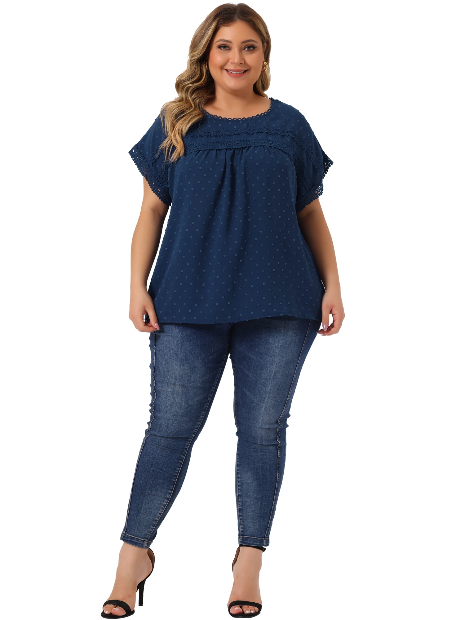 Women's Plus Tops with Swiss Dots Crew Neck Short Sleeve Casual Blouses 4X Dark Blue
