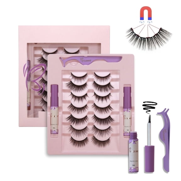 Magnetic Eyelashes, 7 Pairs Magnetic Lashes, False Lashes with 2 Tubes of Magnetic Eyeliner, Magnetic Eyelashes Kit with Tweezers, Reusable, No Glue.