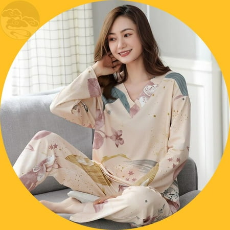 

QWZNDZGR Spring Autumn Elegant Floral Women s Pajamas Sets Pyjamas Long Sleeved Cotton Sleepwear Lady Pijamas Homewear Nightgown Fashionn