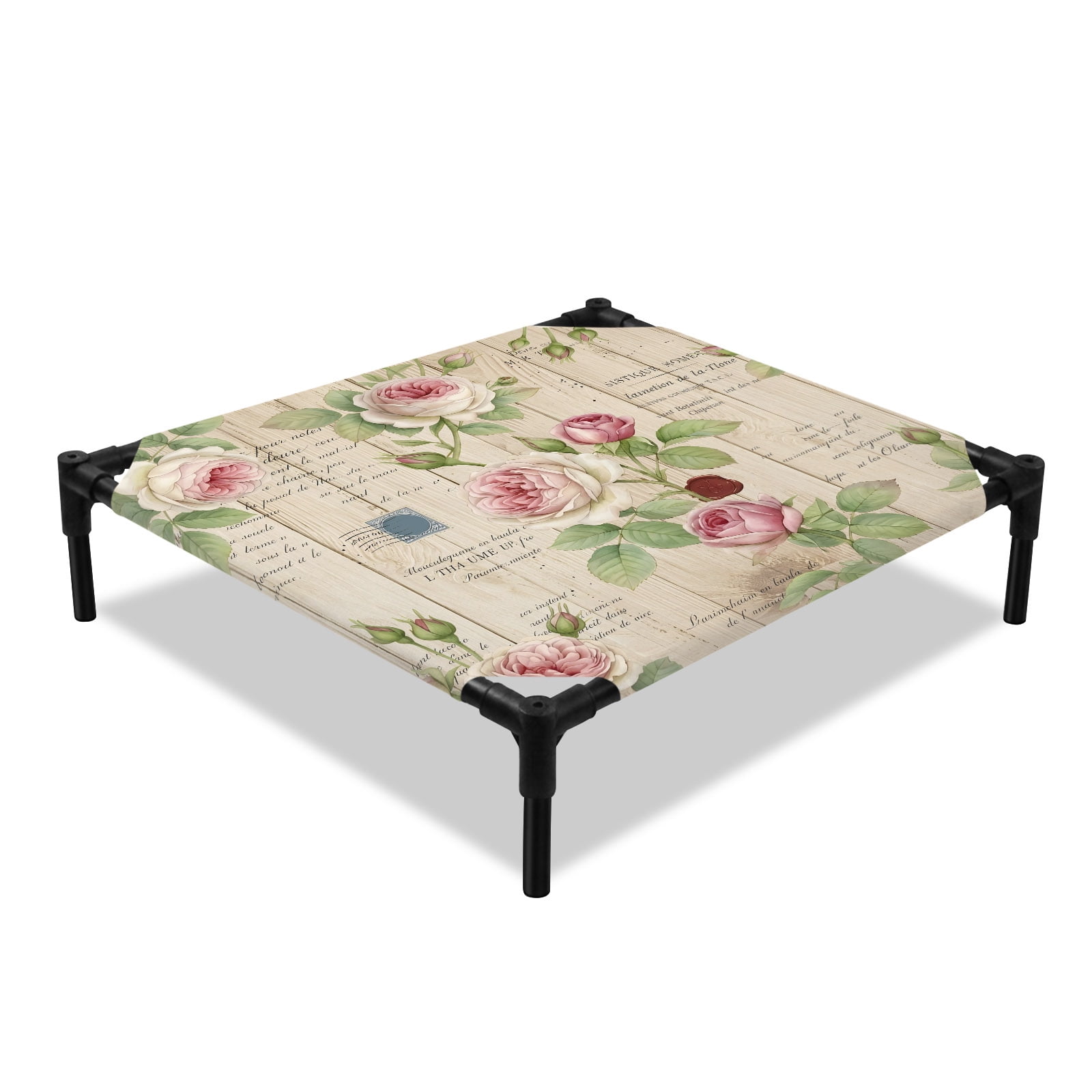 Spring Climbing Roses Elevated Dog Bed Rustic Vintage Pink Flower Floral Leaves Wood Grain Cooling Breathable Outdoor Raised Dog Cot Bed with Metal Frame Non-Slip Feet for Small Dog 20x20in