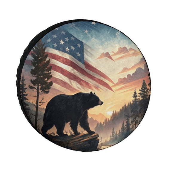 AIOE American Black Bear & US Flag Spare Tire Cover, Waterproof UV Resistant Wildlife & Patriotic Protector for Wrangler, SUV, RV, Trailer, 15 Inch