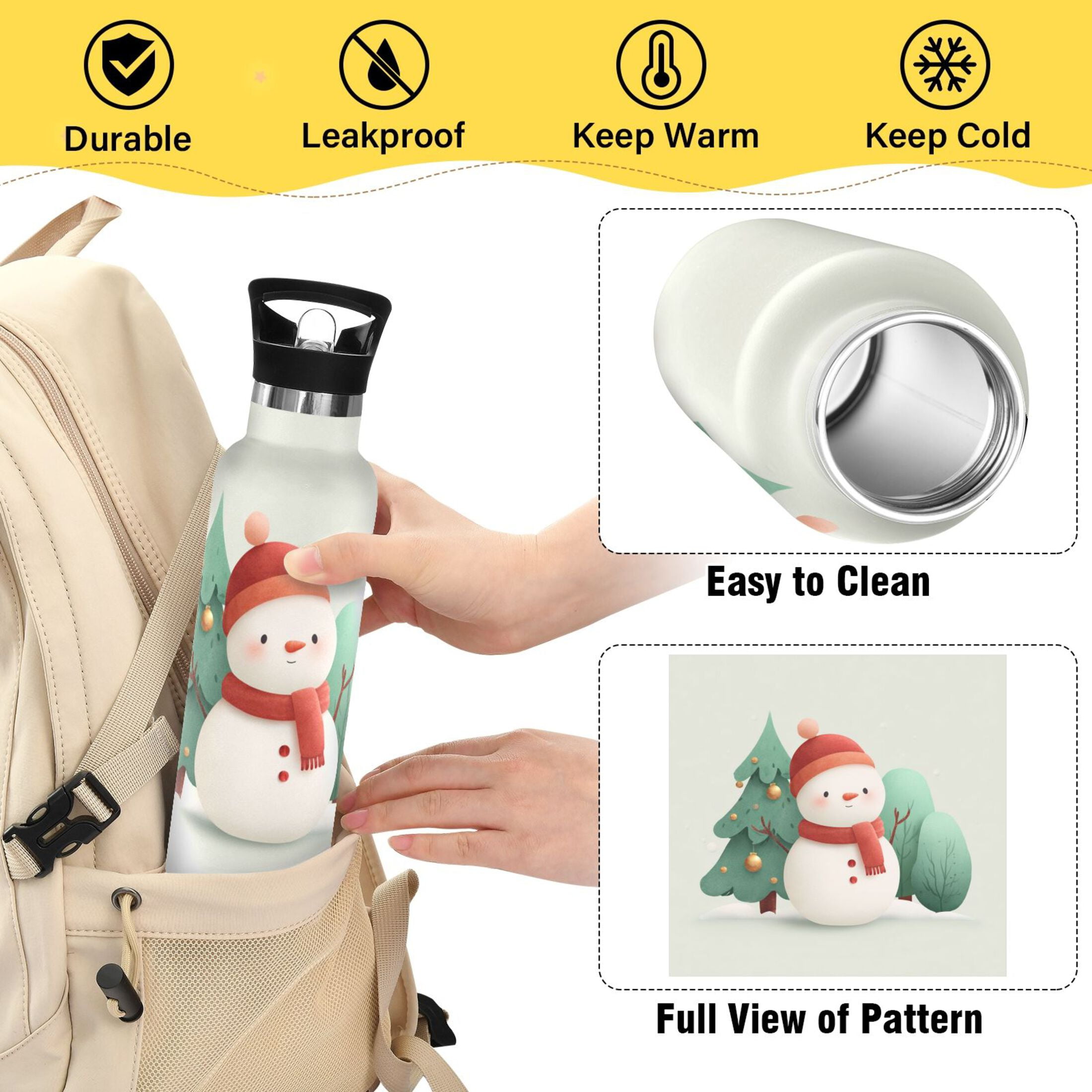 600ML Stainless Steel Insulated Cup Sports Water Bottle Portable Thermos Cup Water Glasses Insulated Tumblers Convenient and Durable Romantic Christmas Snowman