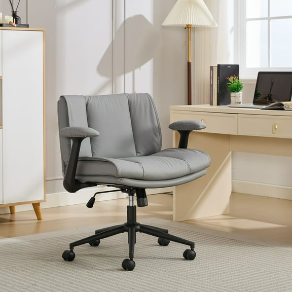 Cross Legged Chair with Flip-Up Armrests Leather, Cross Legged Office Chair on Wheels, Comfy Swivel Chair with Wide Seat for Home Office, Vanity, Ergonomic Desk Chair Adjustable, Grey